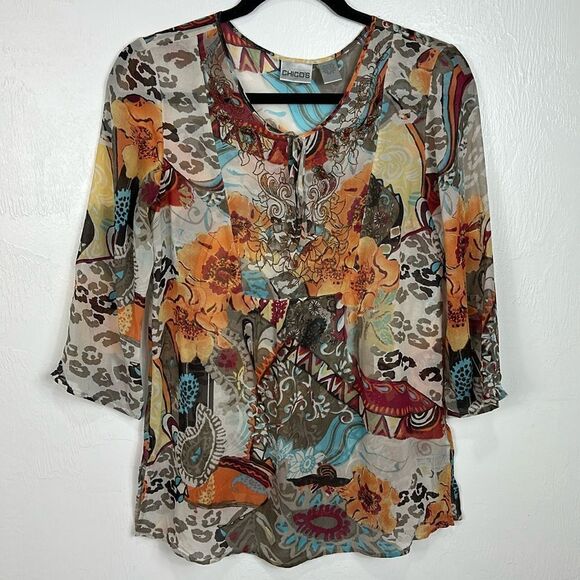 Chico's Tops - Chico’s Silk Floral Print Semi-Sheer Embroidered 3/4 Sleeve Top Blouse Size S